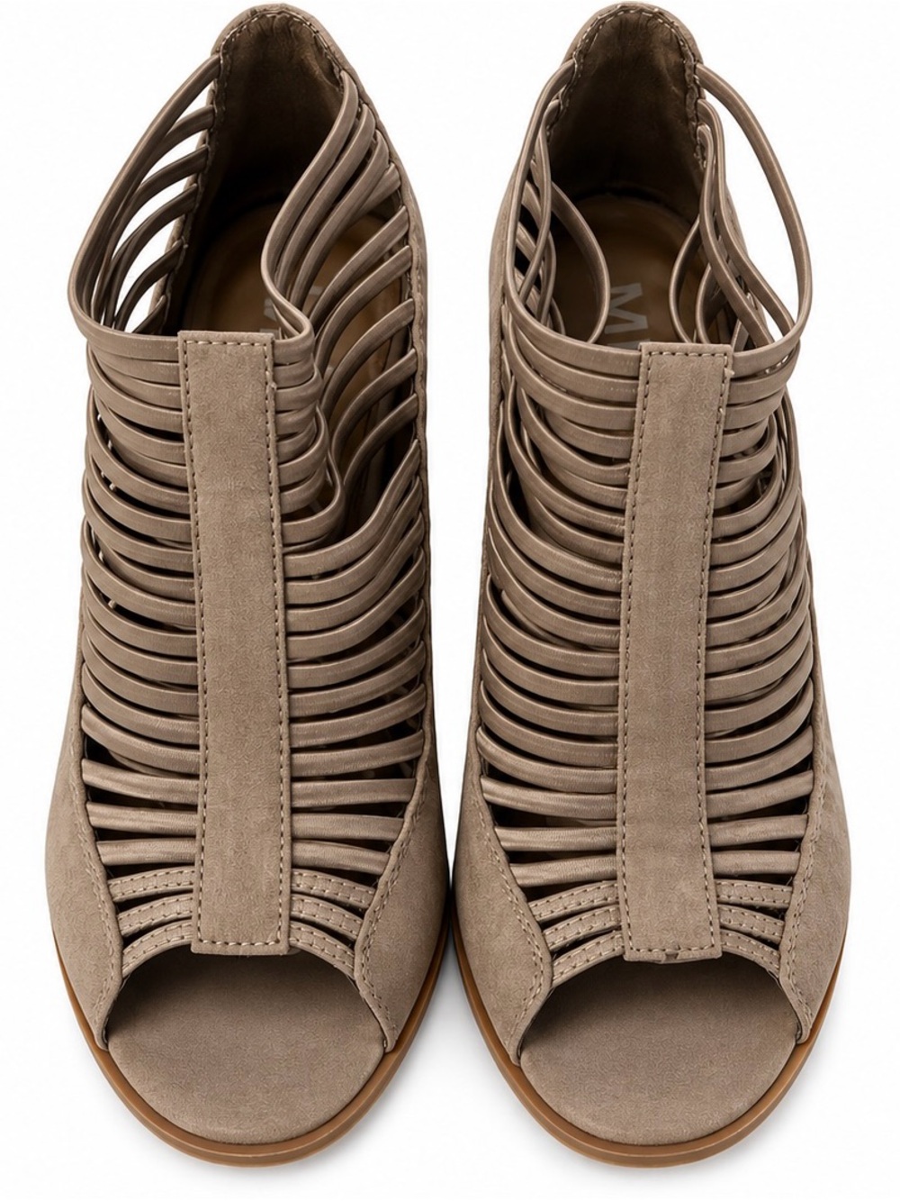 MIA Taupe Strappy Peep-Toe Caged Mules